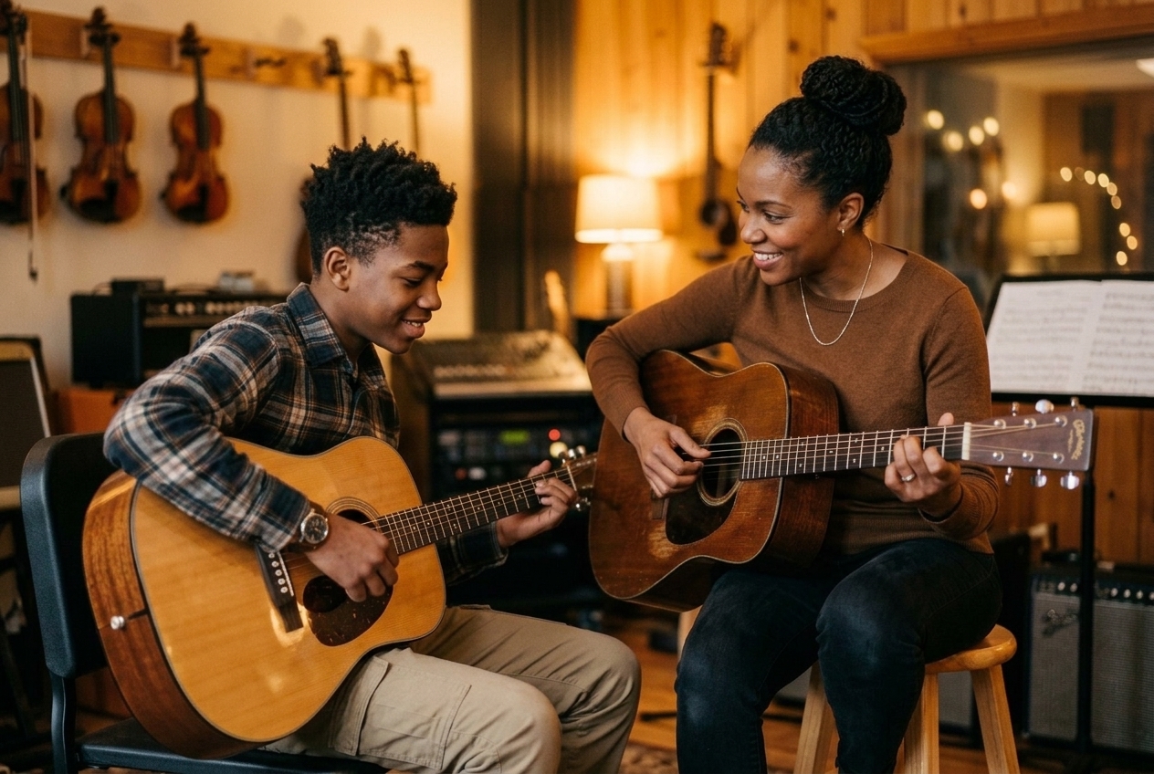 A music instructor teaching guitar to a student