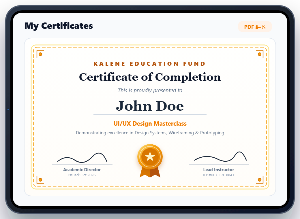 Kalene Certificate of Completion on iPad